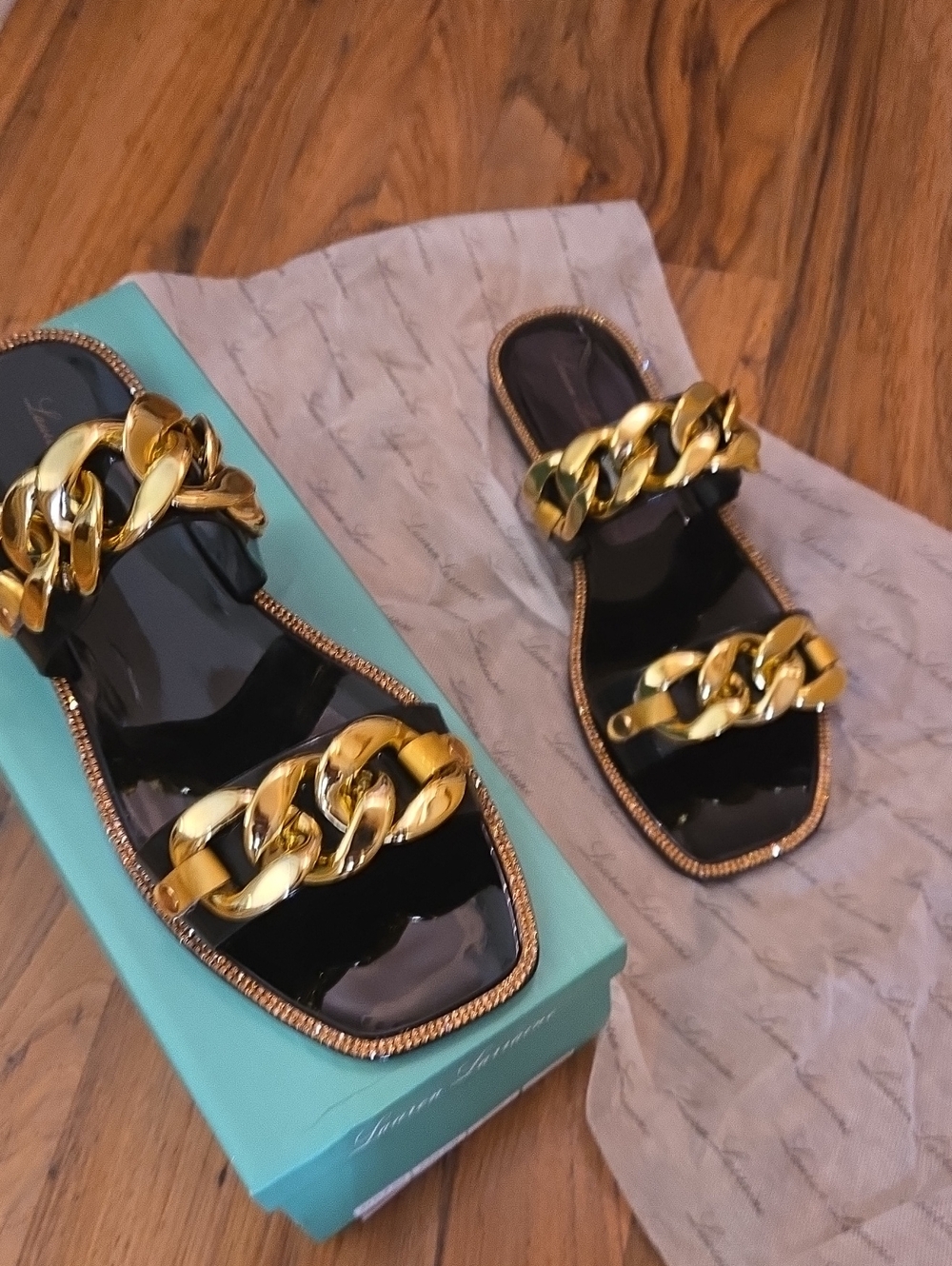 New In Box Lauren Larraine Black Slide Sandals with Gold Chain Accent